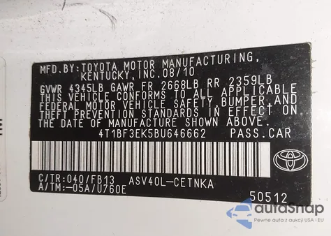 2011 Toyota Camry Le из США, поврежденный, VIN 4T1BF3EK5BU646662